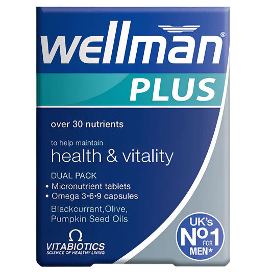 Vitabiotics Wellman Plus: Dual Pack Omega 3-6-9 Capsules x 28 & Micronutrient Tablets x 28