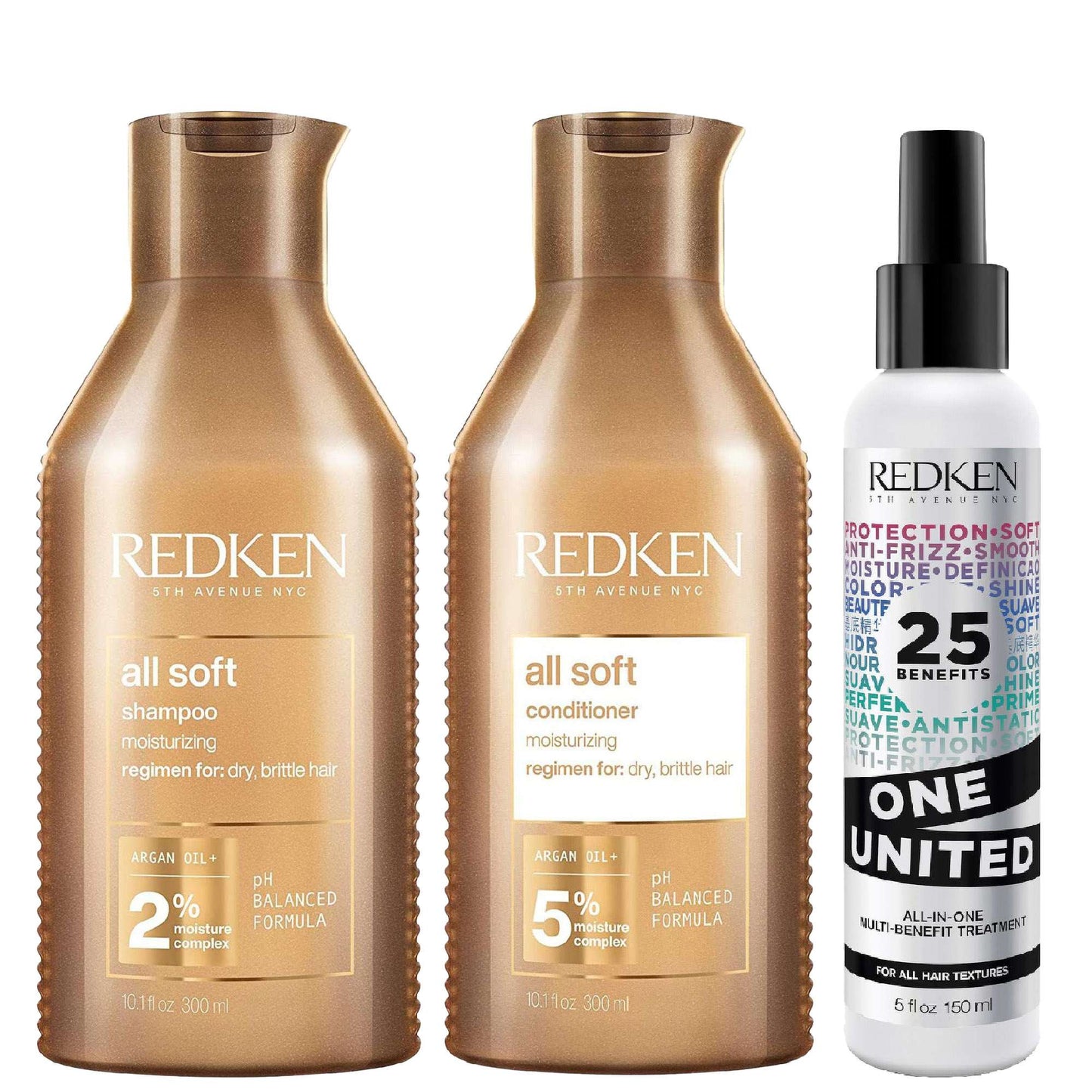 Redken  Trio: All Soft Shampoo 300ml, Conditioner 300ml & One United Treatment 150ml