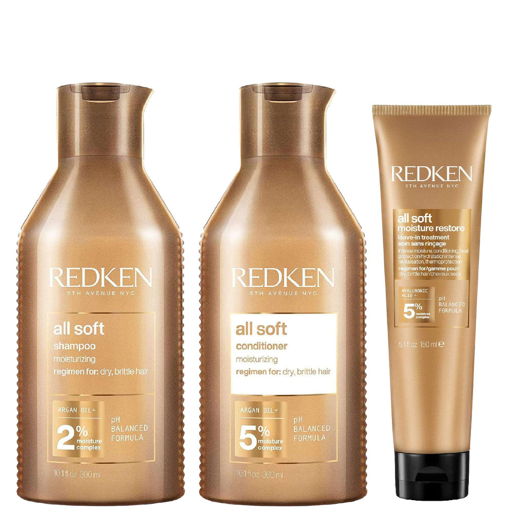 Redken  Trio: All Soft Shampoo 300ml, Conditioner 300ml & Leave-In Treatment 150ml