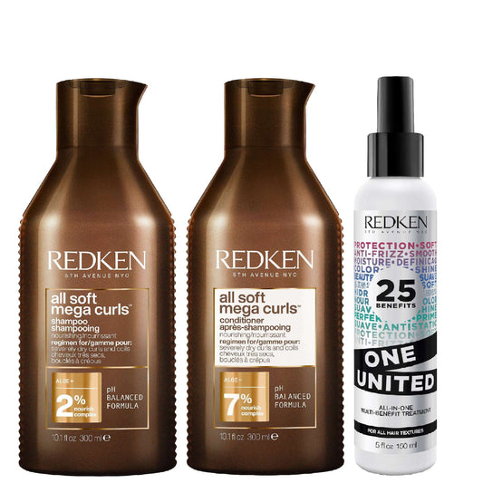 Redken  Trio: All Soft Mega Curls Shampoo 300ml, Conditioner 300ml & One United Treatment 150ml