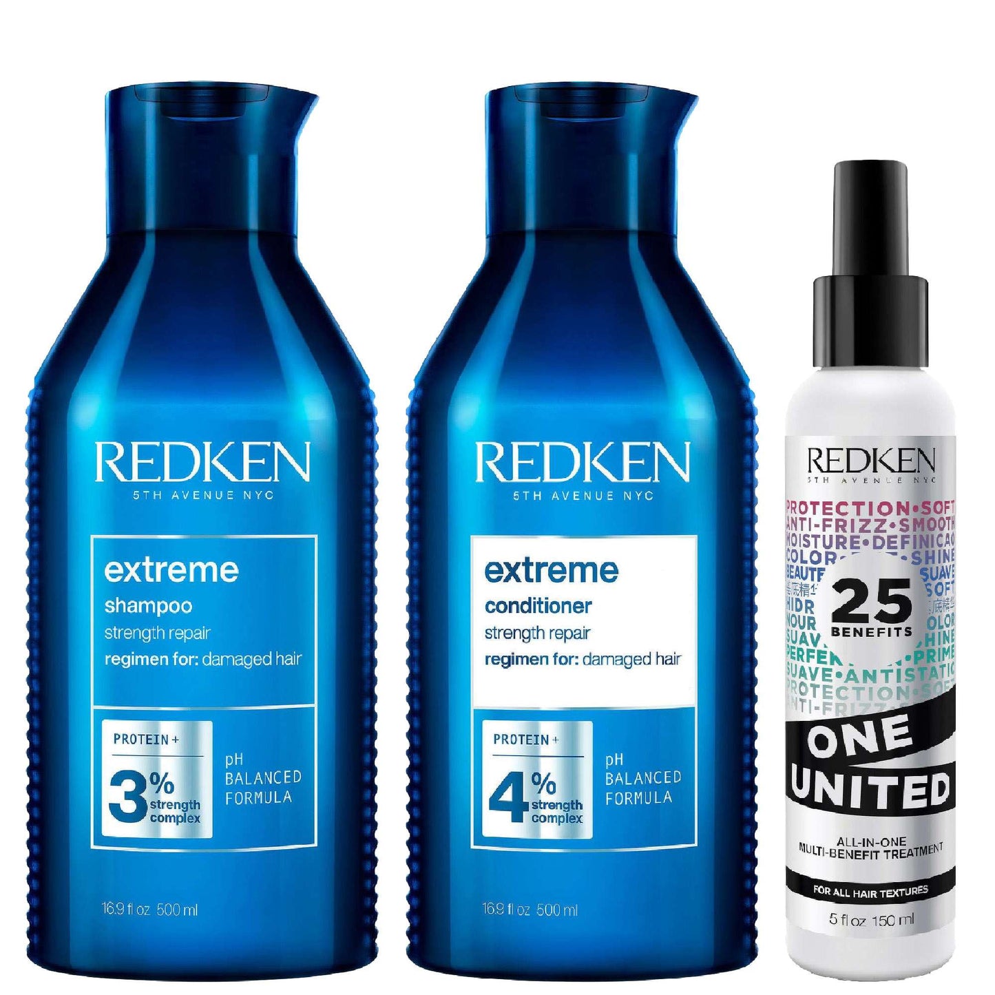 Redken  Trio: Extreme Shampoo 500ml, Conditioner 500ml & One United Treatment 150ml