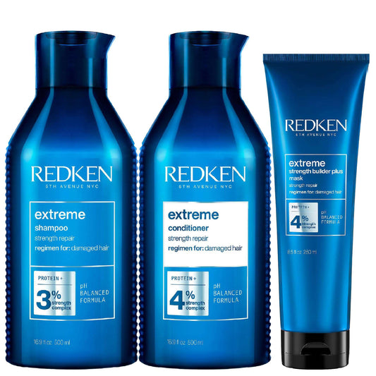 Redken  Trio: Extreme Shampoo 500ml, Extreme Conditioner 500ml & Extreme Strength Builder Plus Mask 250ml