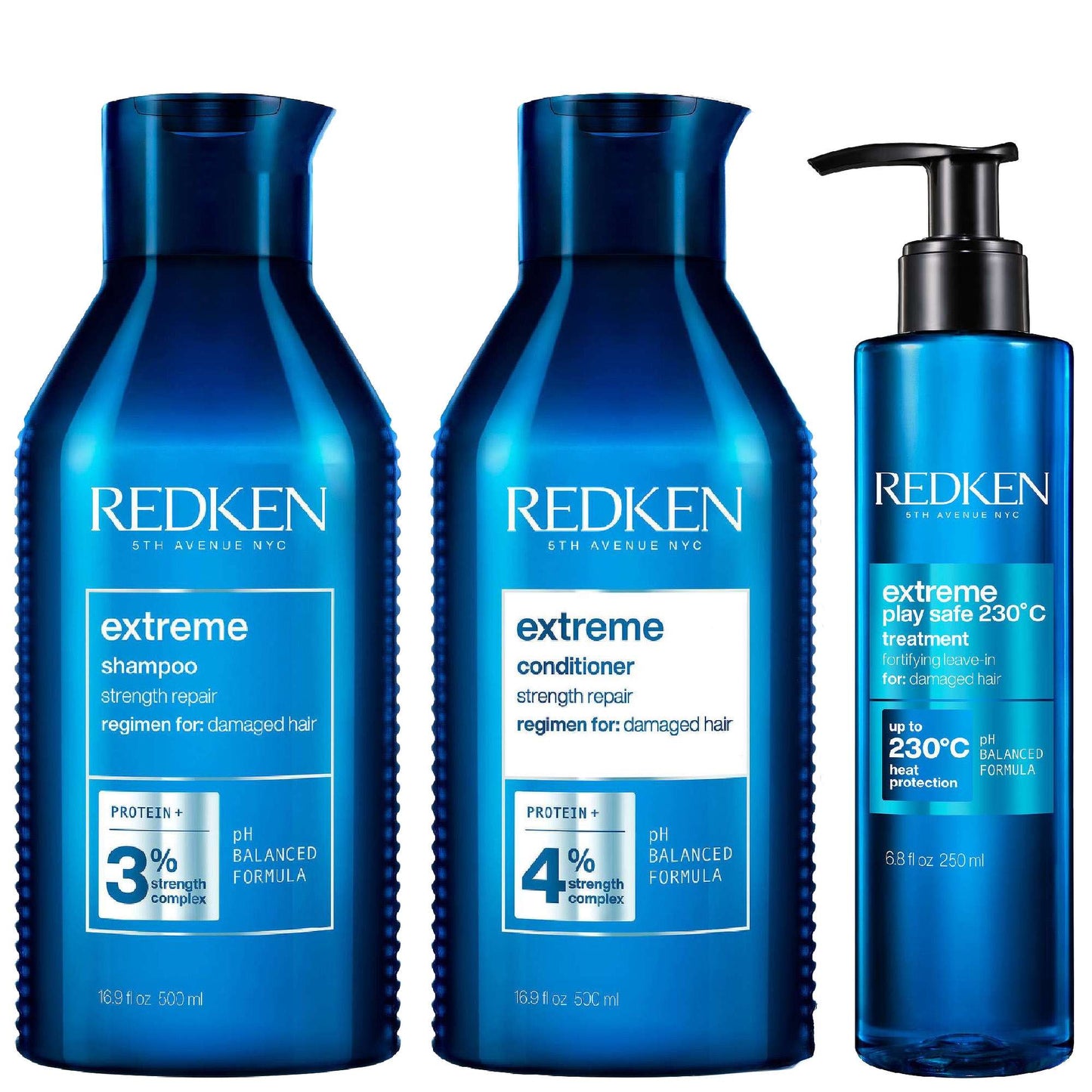 Redken  Trio: Extreme Shampoo 500ml, Extreme Conditioner 500ml & Extreme Play Safe 230 Heat Protection 250ml