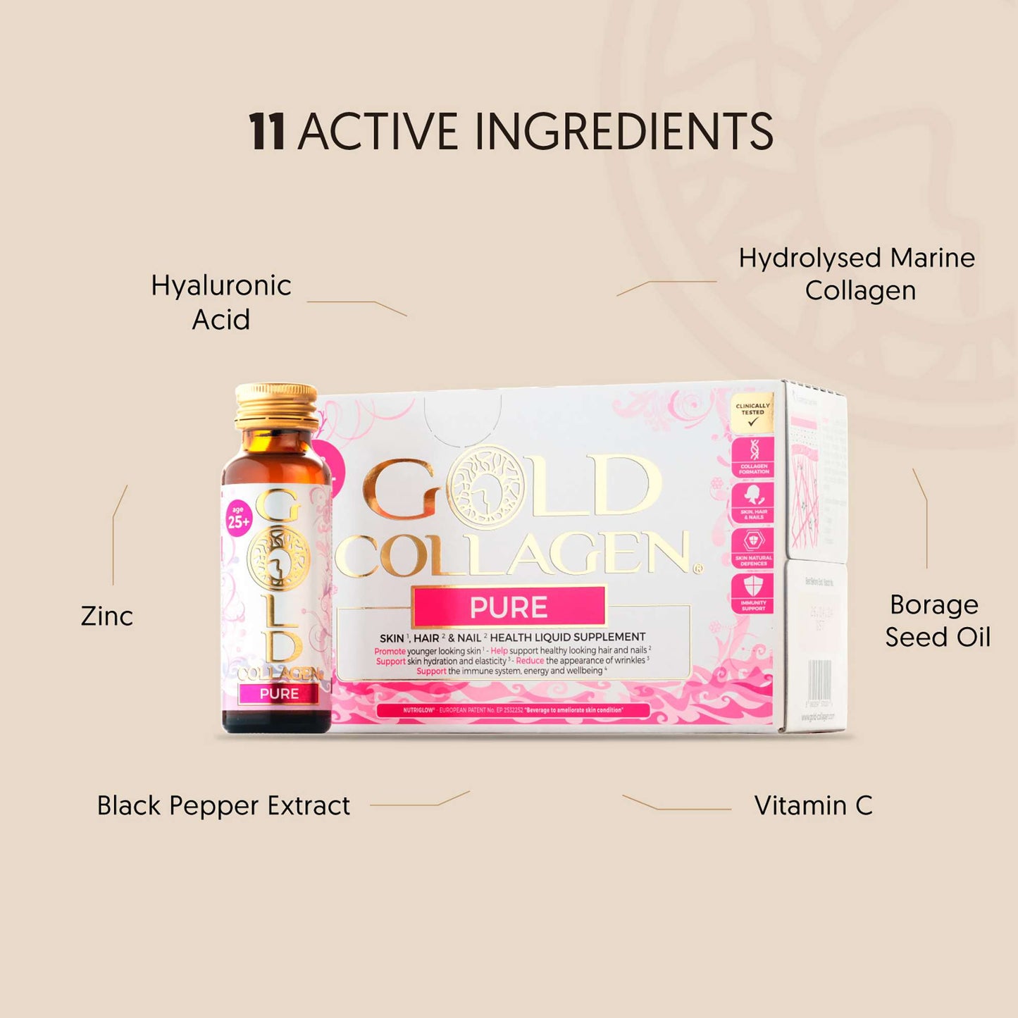 Gold Collagen Liquid Supplement Pure Skin, Hair & Nail Health Liquid Supplement For 25+ 10 x 50ml - Additional 1