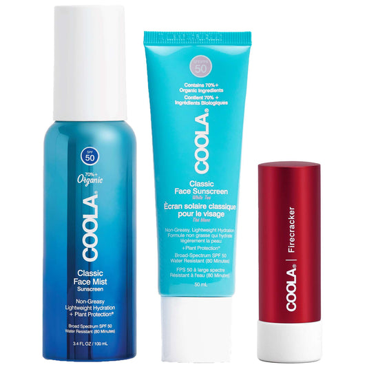 Coola  Trio: Classic Face Lotion SPF50 50ml, Mist SPF50 100ml & Mineral Liplux SPF30 Firecracker