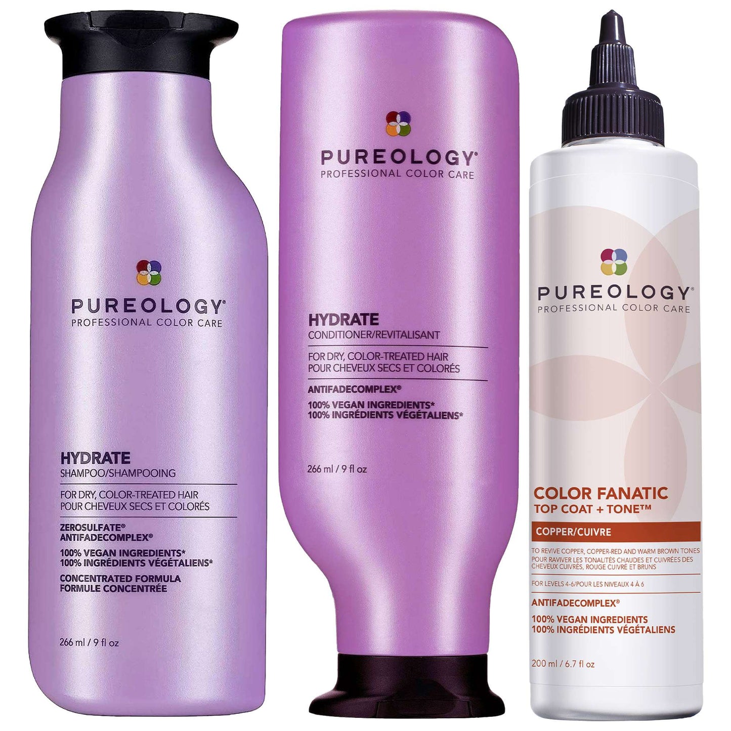 Pureology  Trio: Moisturising Shampoo 266ml, Conditioner 266ml & Color Fanatic Top Coat + Tone Glaze Copper 200ml