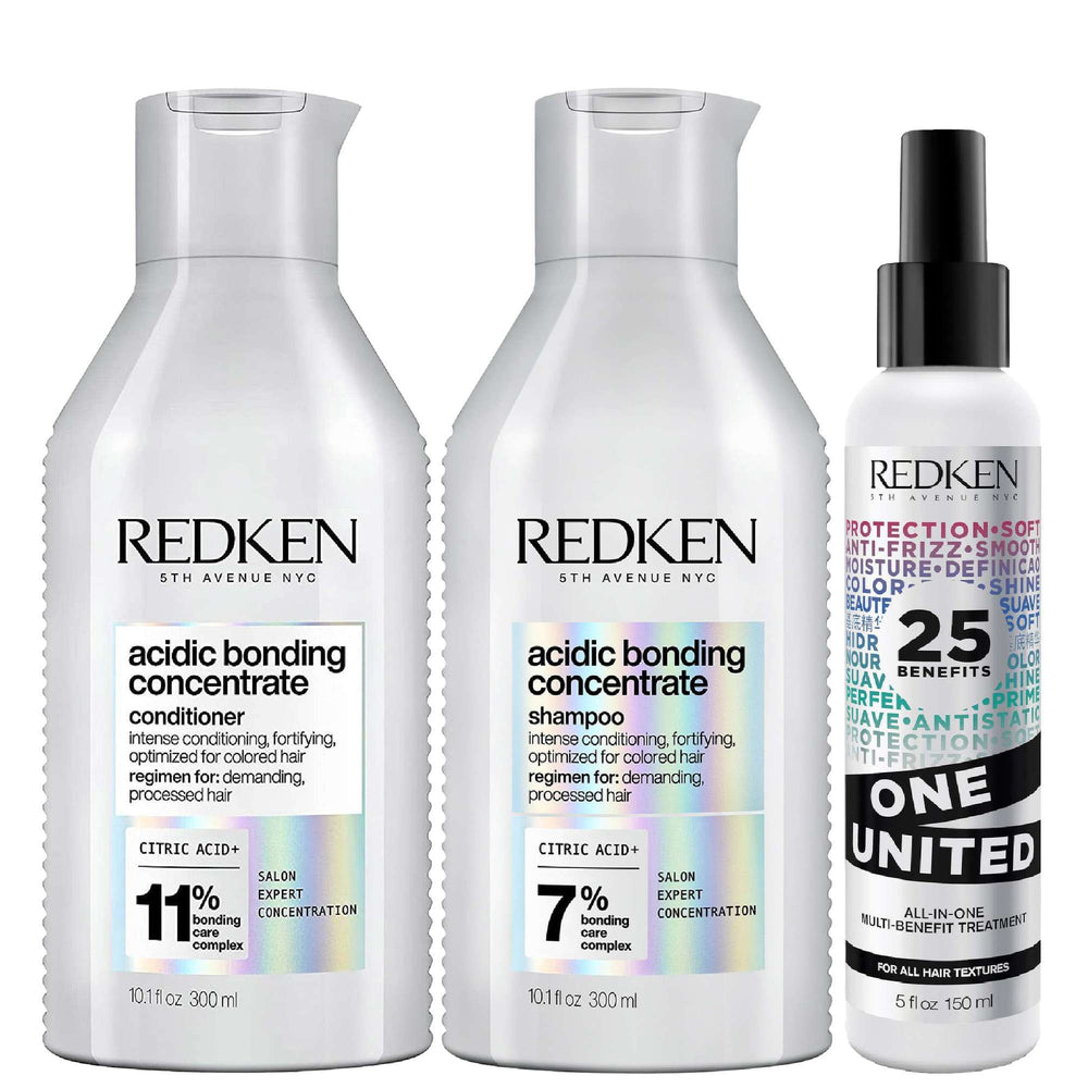 Redken  Acidic Bonding Concentrate Shampoo, Conditioner and One United Multi-Benefit Leave-In Treatment Bond Repair Bundle