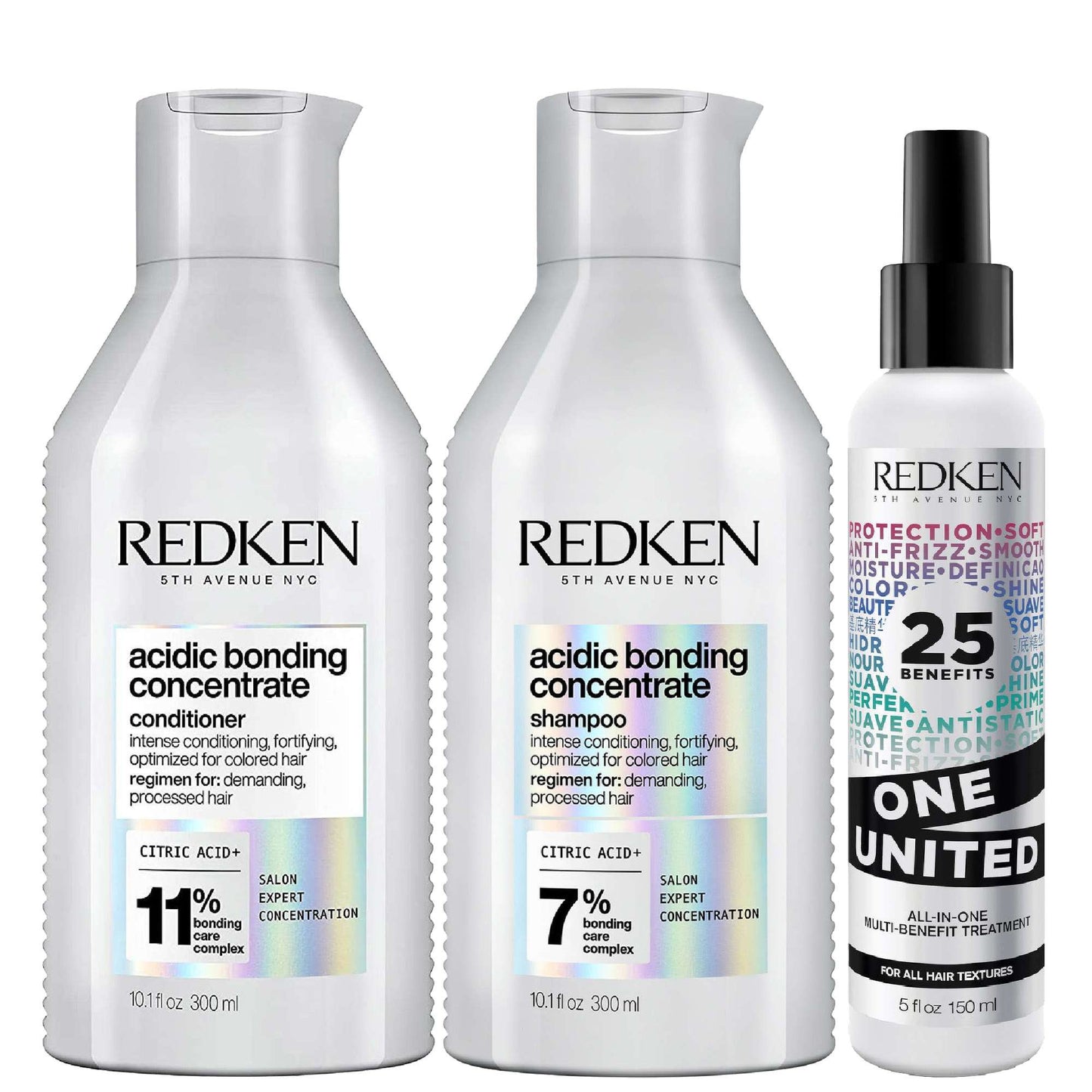 Redken  Acidic Bonding Concentrate Shampoo, Conditioner and One United Multi-Benefit Leave-In Treatment Bond Repair Bundle
