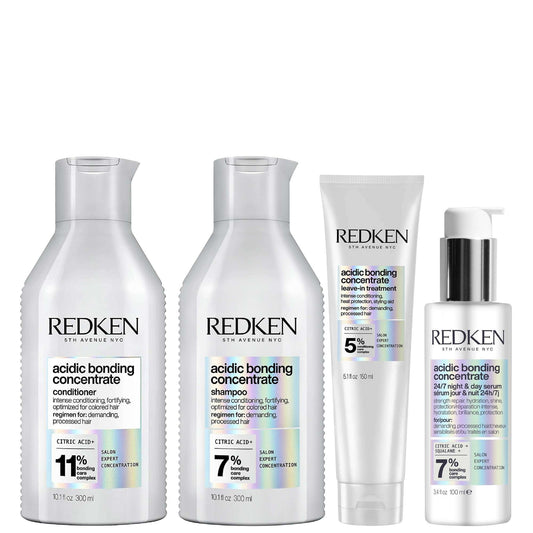 Redken  Acidic Bonding Concentrate Shampoo 300ml, Conditioner 300ml, Leave-in Treatment 150ml and 24/7 Night & Day Serum Bundle