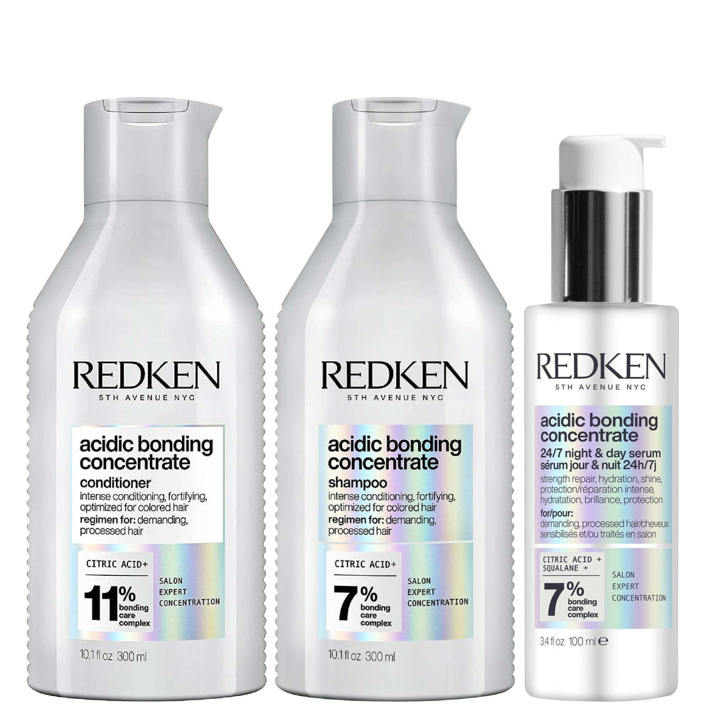 Redken  Trio: Acidic Bonding Concentrate Shampoo 300ml, Conditioner 300ml and 24/7 Night & Day Serum 100ml Repair Damaged Hair Bundle