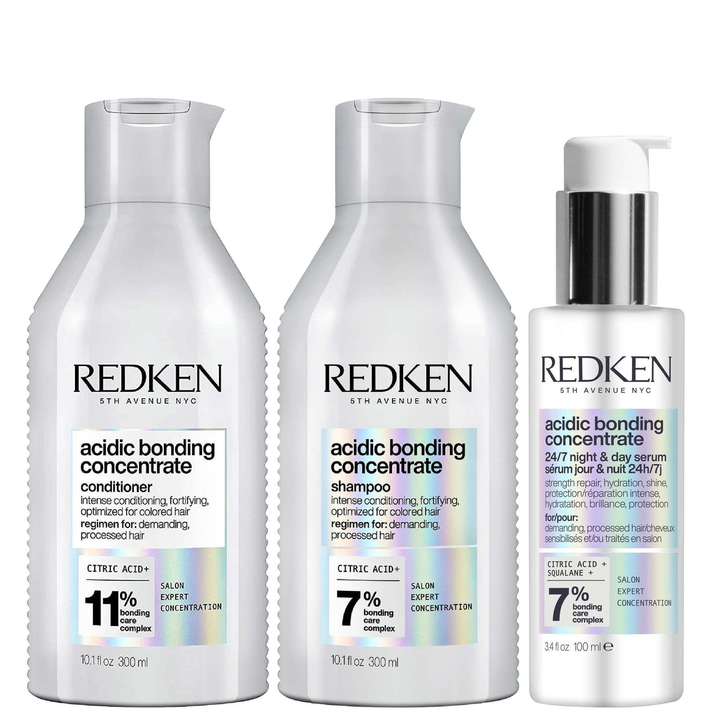 Redken  Trio: Acidic Bonding Concentrate Shampoo 300ml, Conditioner 300ml and 24/7 Night & Day Serum 100ml Repair Damaged Hair Bundle
