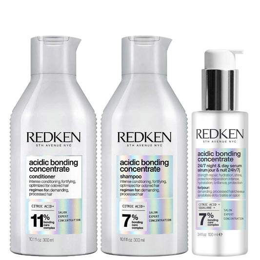 Redken  Trio: Acidic Bonding Concentrate Shampoo 300ml, Conditioner 300ml and 24/7 Night & Day Serum 100ml Repair Damaged Hair Bundle