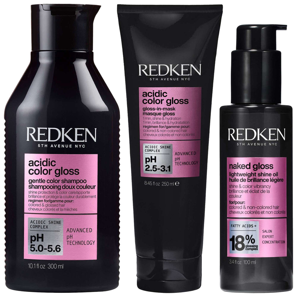 Redken  Trio: Acidic Color Gloss Shampoo 300ml, 1 Min Gloss-in-Mask 250ml & Naked Gloss 100ml
