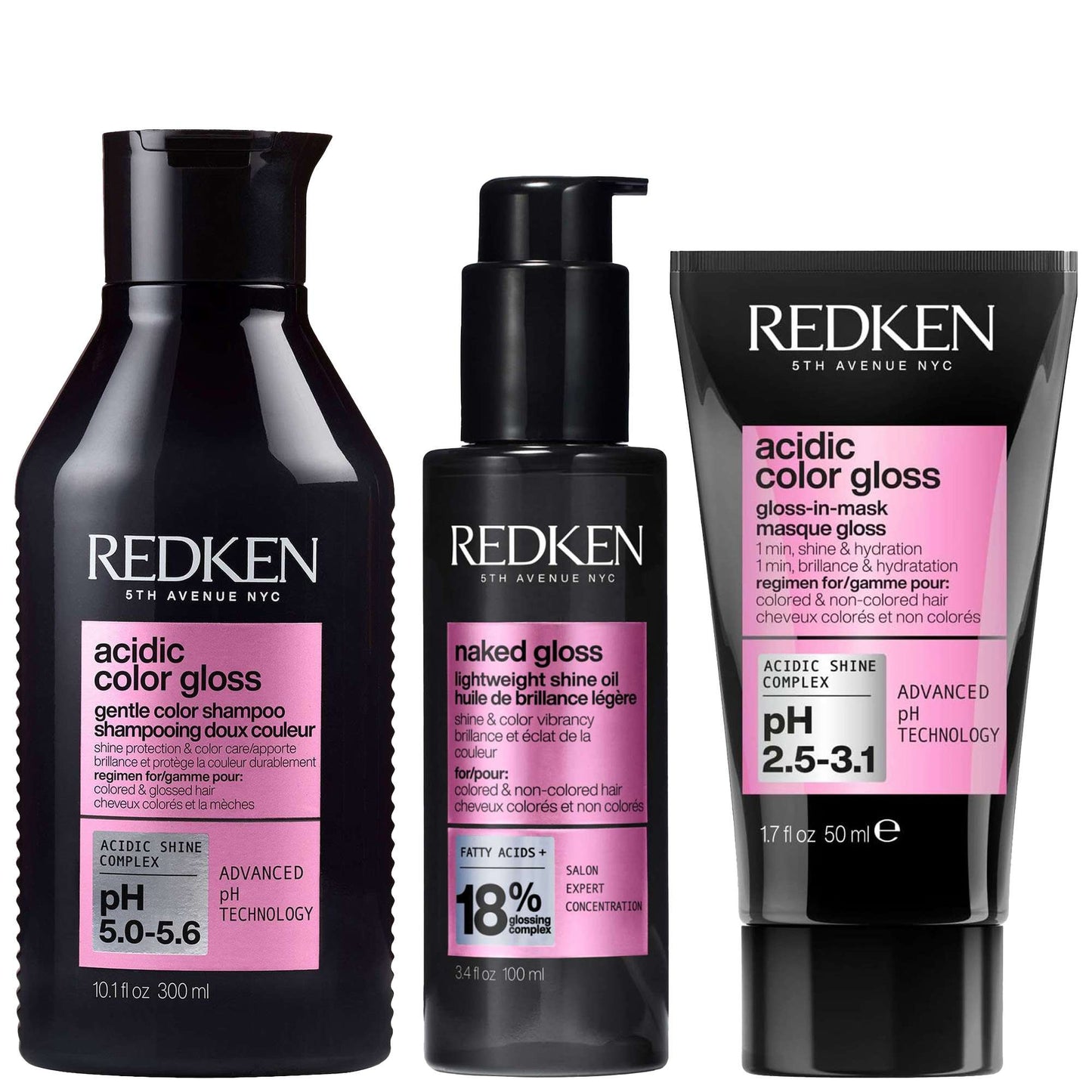 Redken  Trio: Acidic Color Gloss Shampoo 300ml, Naked Gloss 100ml and Gloss-in-Mask Mini 50ml