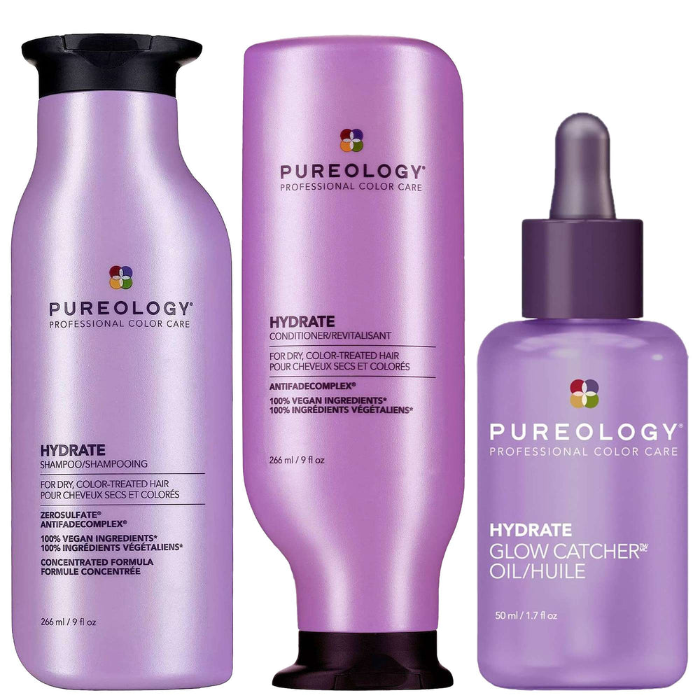 Pureology  Trio: Hydrate Moisturising Shampoo 266ml, Conditioner 266ml & Hydrate Glow Catcher Hydrating Hair Oil 50ml