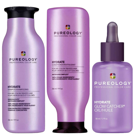 Pureology  Trio: Hydrate Moisturising Shampoo 266ml, Conditioner 266ml & Hydrate Glow Catcher Hydrating Hair Oil 50ml