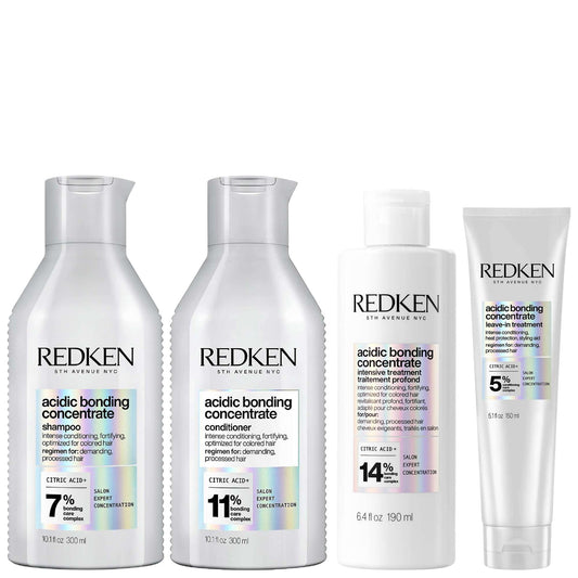 Redken  Acidic Bonding Concentrate Pre-Treatment 190ml, Shampoo and Conditioner 300ml, and Leave-in Treatment 150ml Bundle