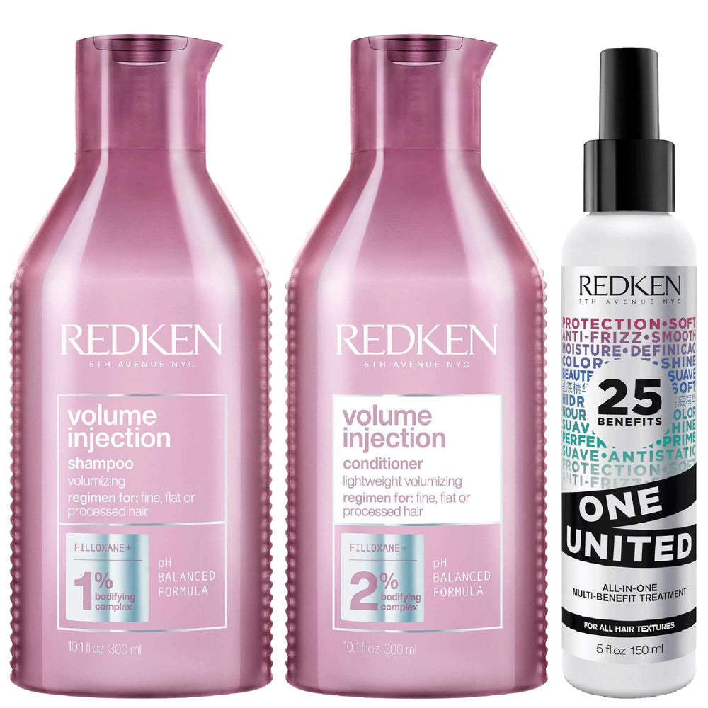 Redken  Volume Injection Shampoo, Conditioner and One United Treatment Spray Routine for Fine/Flat Hair