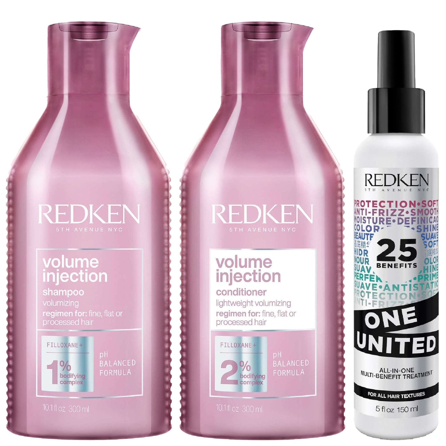Redken  Volume Injection Shampoo, Conditioner and One United Treatment Spray Routine for Fine/Flat Hair
