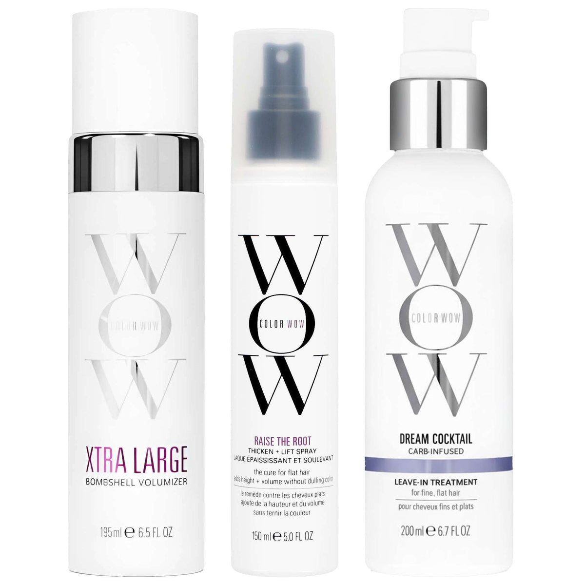 Color Wow  Trio: Xtra Large Bombshell Volumizer, Raise the Root Spray & Dream Cocktail Carb-Infused Leave-in Treatment