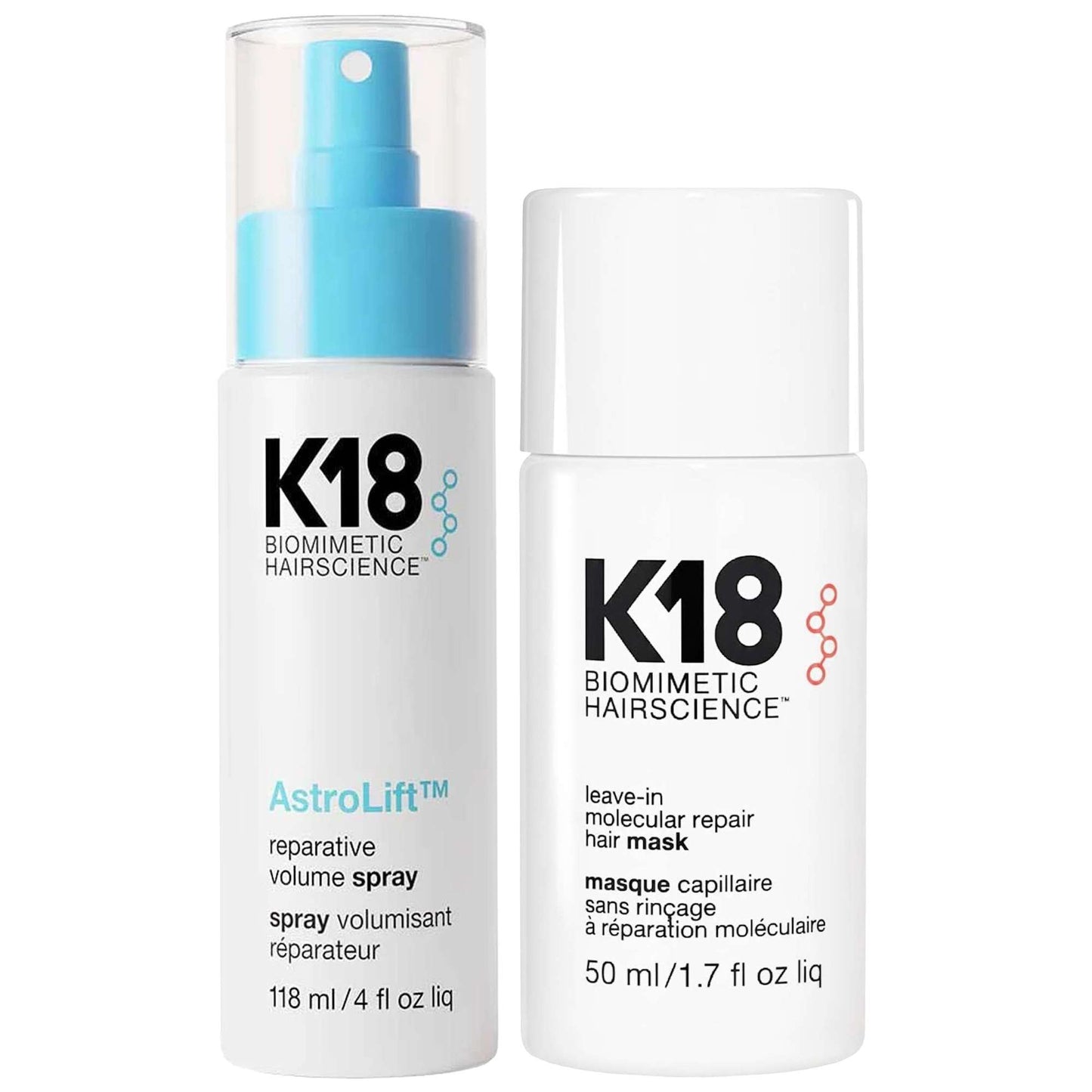 K18  Duo: Biomimetic Hairscience Leave-In Molecular Repair Hair Mask 50ml & AstroLift Reparative Volume Spray 118ml