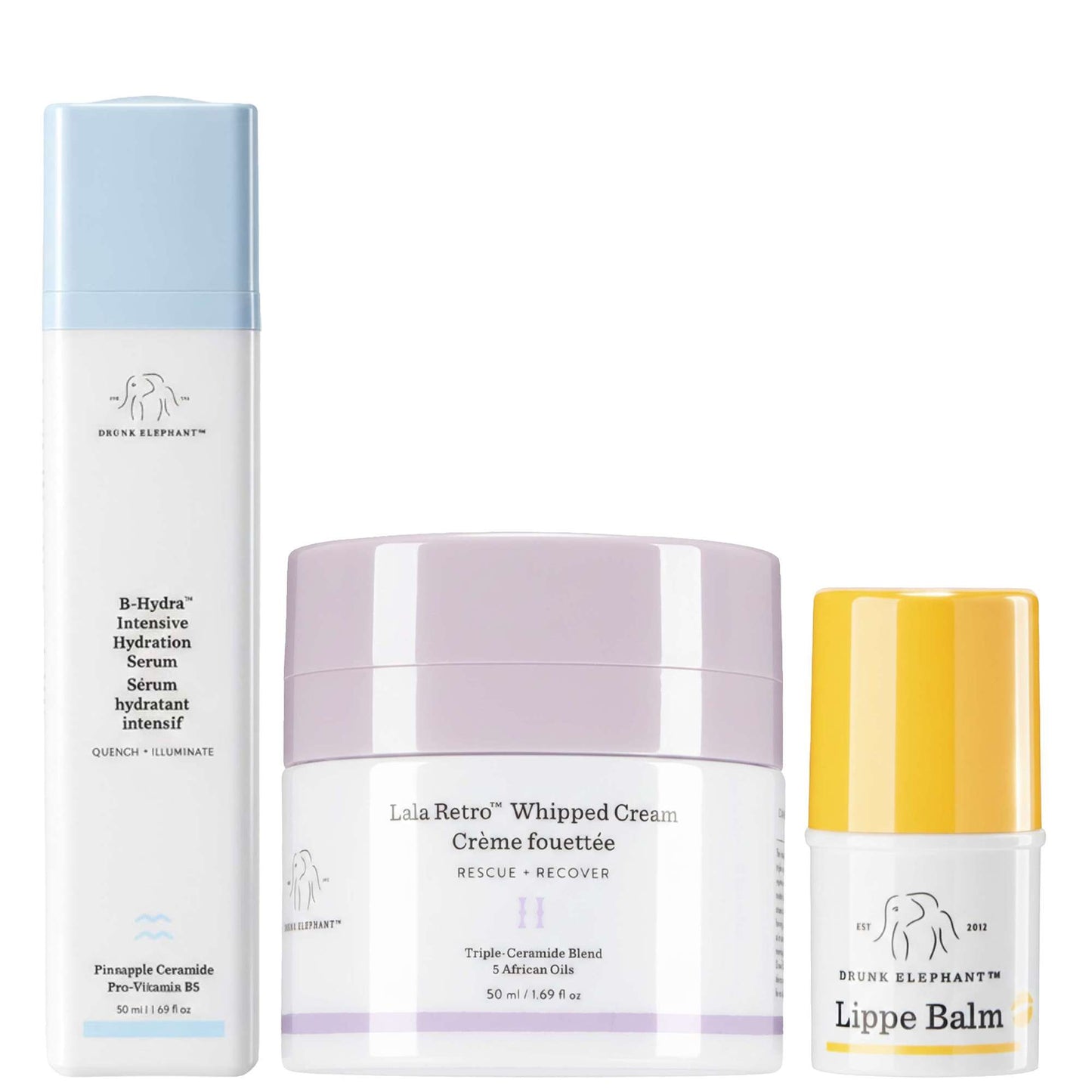 Drunk Elephant  Trio: Hydration Serum 50ml, Lala Retro Whipped Cream 50ml & Lippe Balm 3.7g
