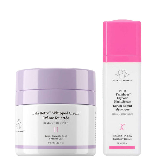 Drunk Elephant  Duo: Lala Retro Whipped Cream 50ml & T.L.C. Framboos Glycolic Resurfacing Night Serum 30ml