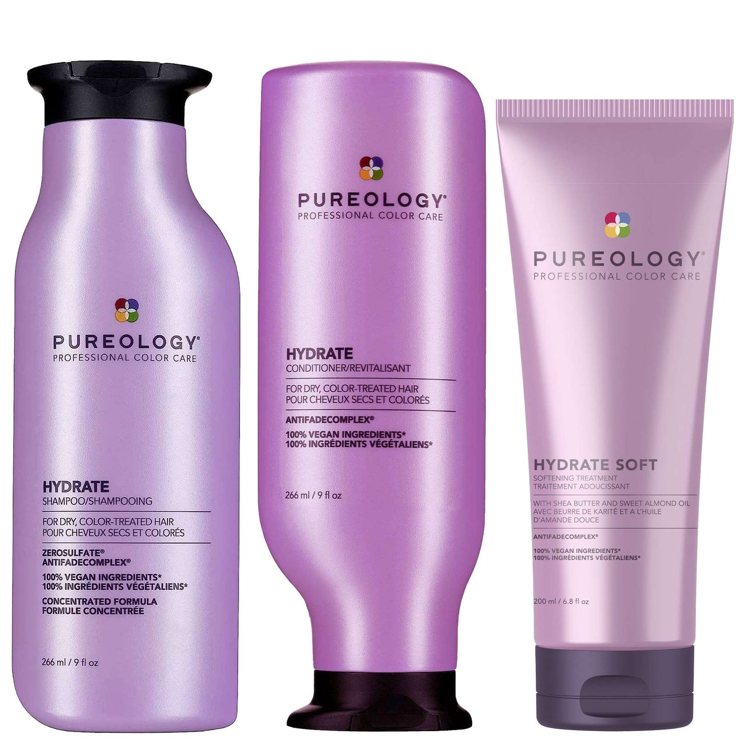 Pureology  Trio: Hydrate Moisturising Shampoo 266ml, Moisturising Conditioner 266ml & Soft Softening Treatment 200ml