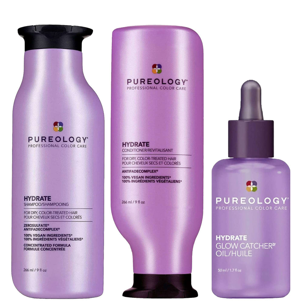 Pureology  Trio: Hydrate Moisturising Shampoo 266ml, Moisturising Conditioner 266ml & Glow Catcher Hydrating Hair Oil 50ml