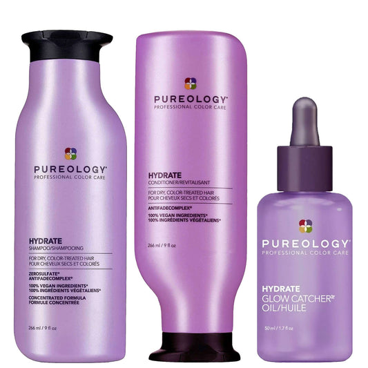 Pureology  Trio: Hydrate Moisturising Shampoo 266ml, Moisturising Conditioner 266ml & Glow Catcher Hydrating Hair Oil 50ml